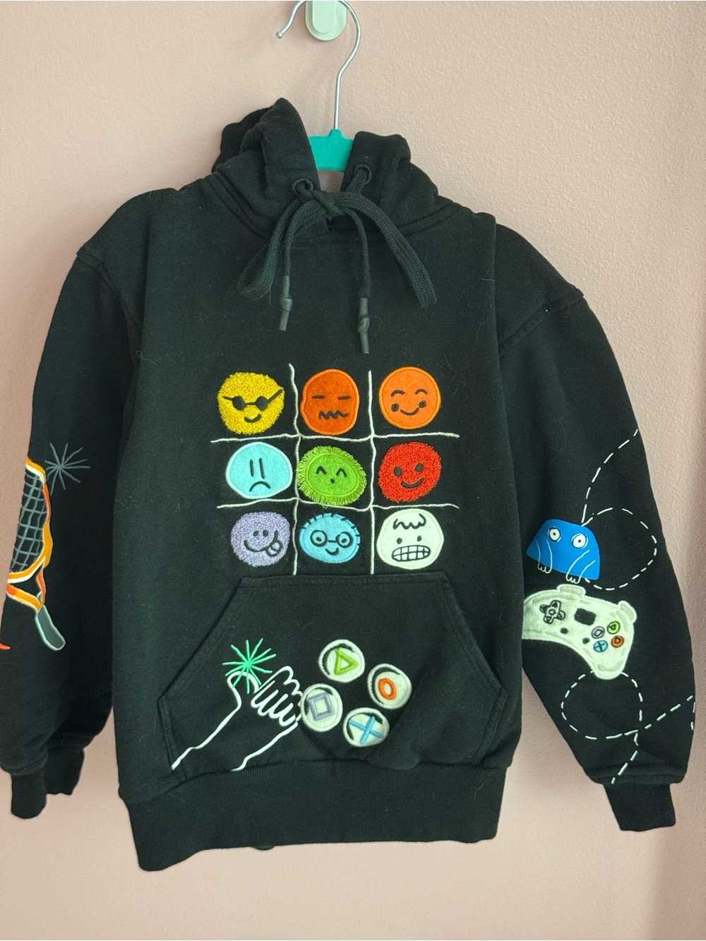 Agua Bendita Kids Black Embroidered Gamer Emoji Hoodie — Rare & Fun